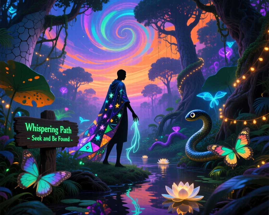 A jungle where vines glow softly like strings of fairy lights stretches endlessly beneath a sky of shifting colors, while a lone figure walks quietly through its heart.