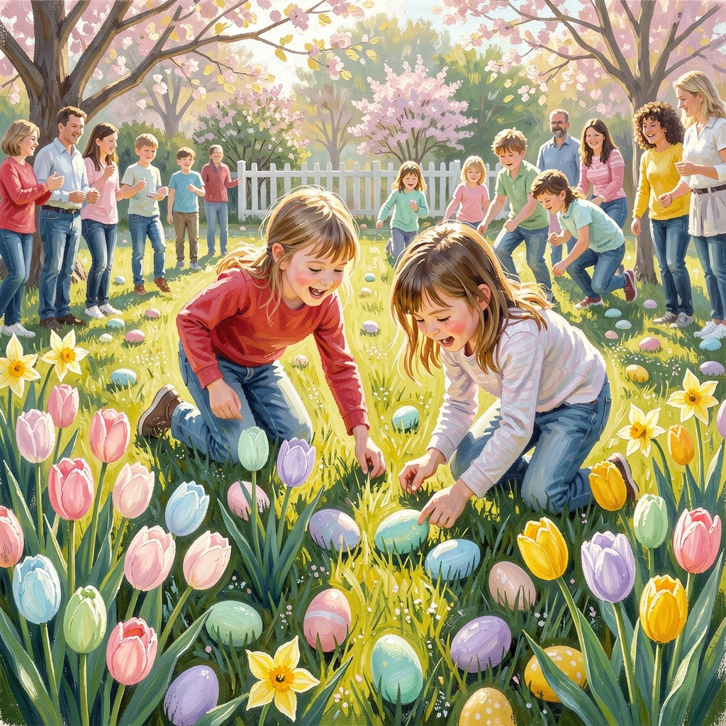 A joyful Easter egg hunt unfolds across a sunlit backyard, pastel eggs hidden among blooming tulips and daffodils, the surrounding crowd adding energy and movement to the edges of the composition.