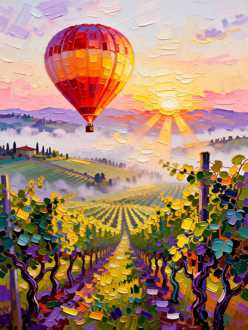 A hot air balloon rising over the misty vineyards of Tuscany at sunrise