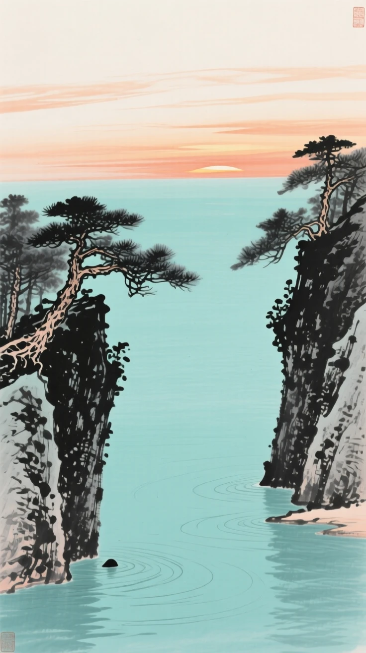 A quiet cove opens onto calm turquoise water framed by pine-covered cliffs, beneath a sky streaked with the colors of sunset.