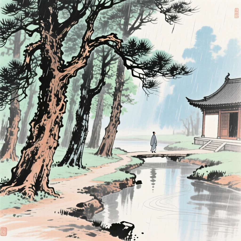 An ancient cypress grove beside a quiet temple stream, with a lone figure walking a narrow path in the distance, in the height of summer, in a gentle drizzle.