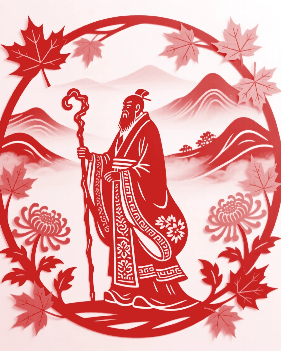 A composition of a scholar with a walking staff across a golden autumn valley, distant peaks fading into layers of mist.