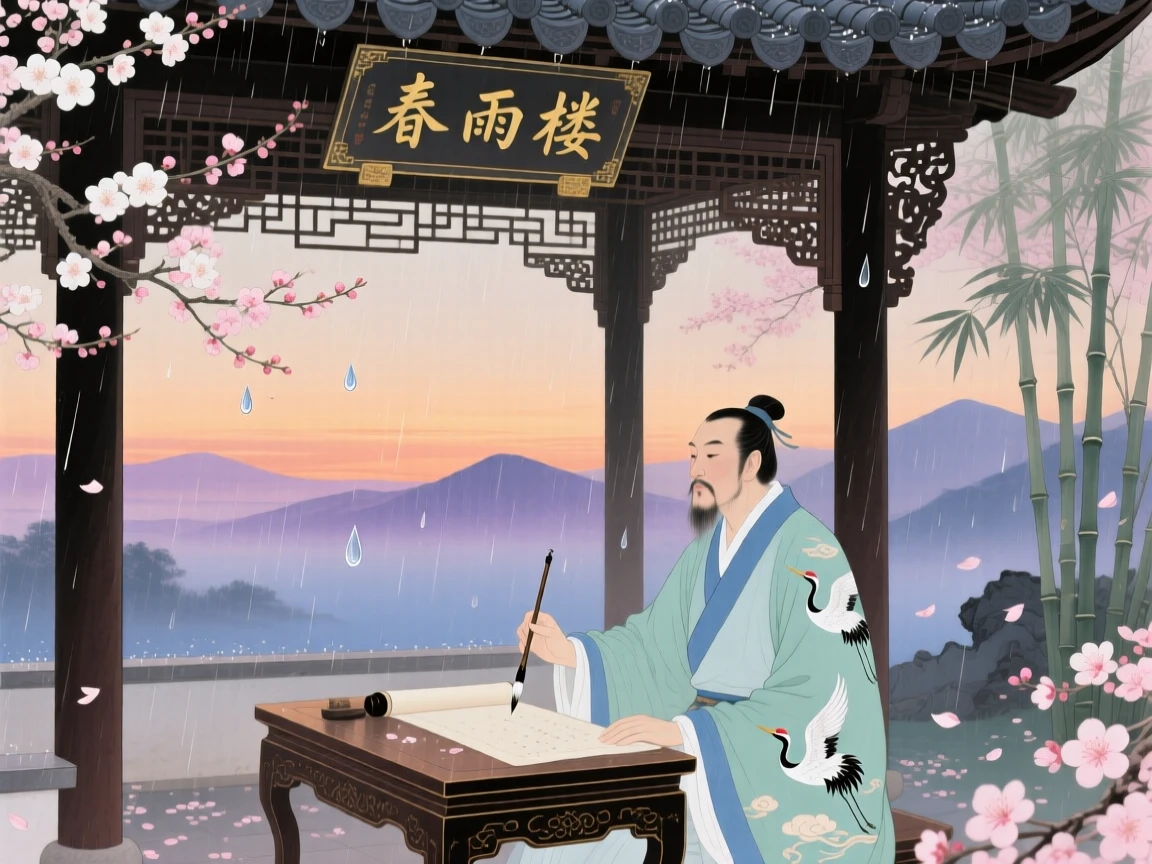 A poet composing verses beneath a pavilion during a spring rain, as the last light of day fades over the horizon