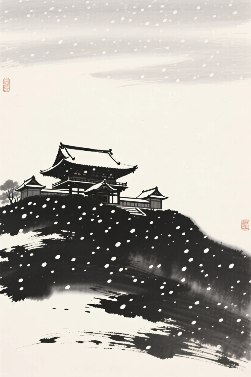 A hillside monastery beneath a canopy of falling snow, viewed from below to emphasize its quiet grandeur, suggesting timeless craftsmanship and peaceful tradition.