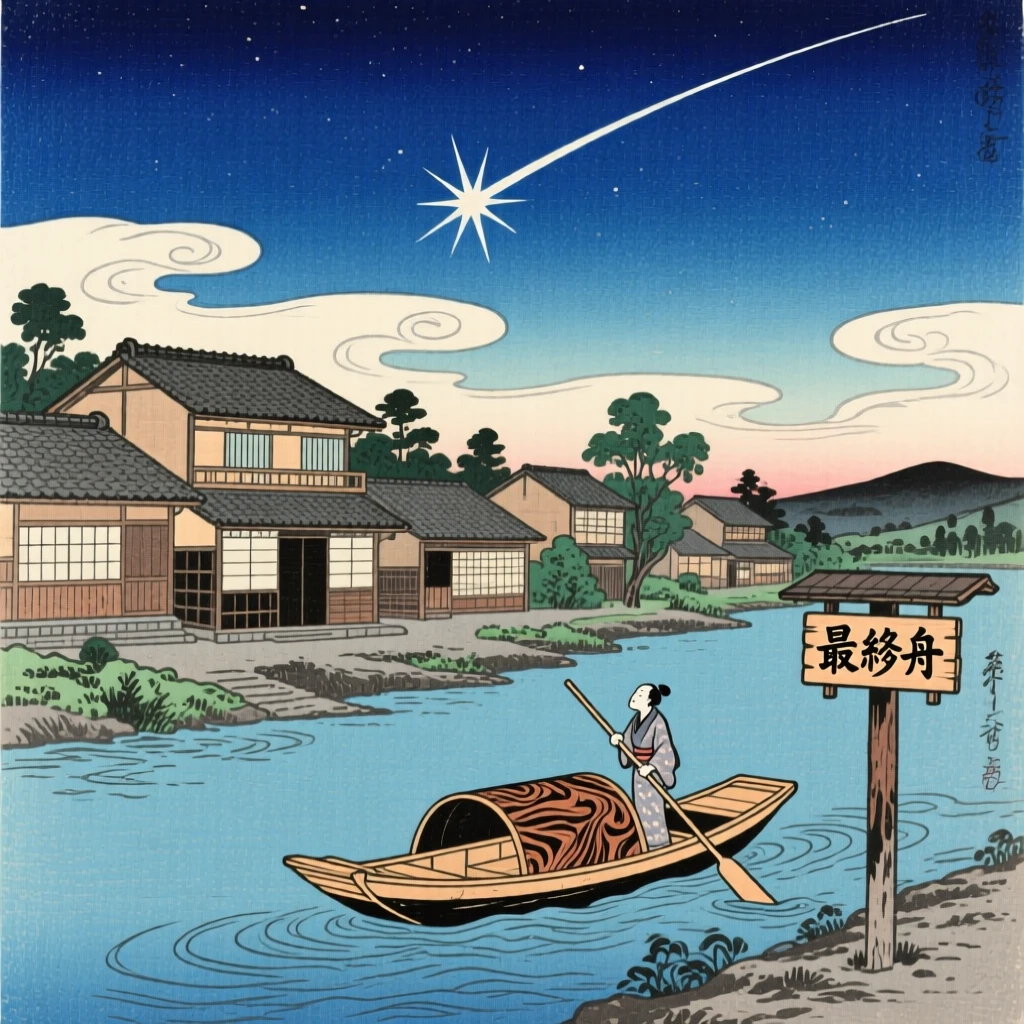 A shooting star streaking above a sleeping village, as the last boat departs.