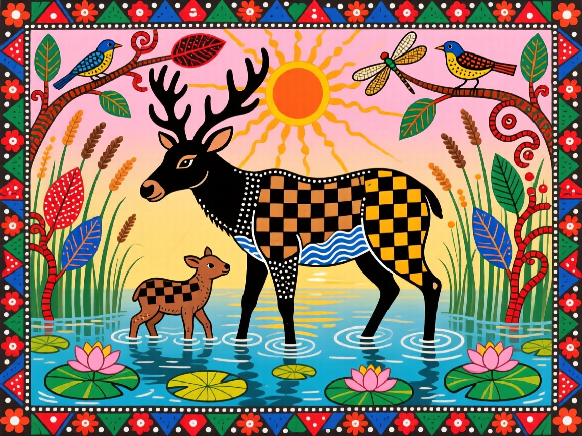 A moose family wading through a marsh at first light.