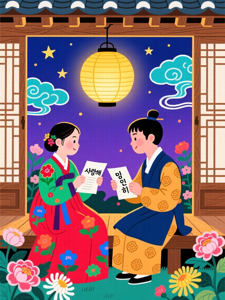 A young couple exchanging letters by lantern light during a quiet summer evening.