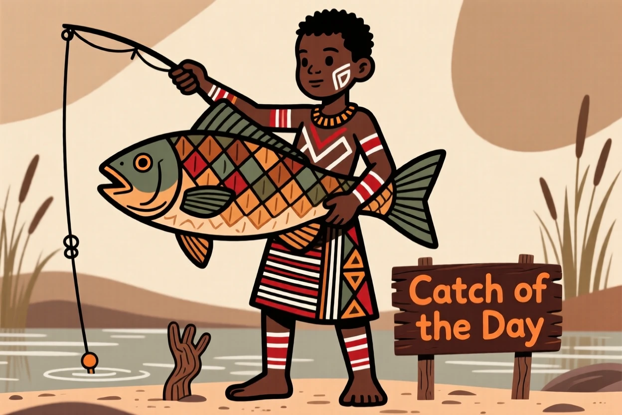 A boy proudly showing off a fish he caught.