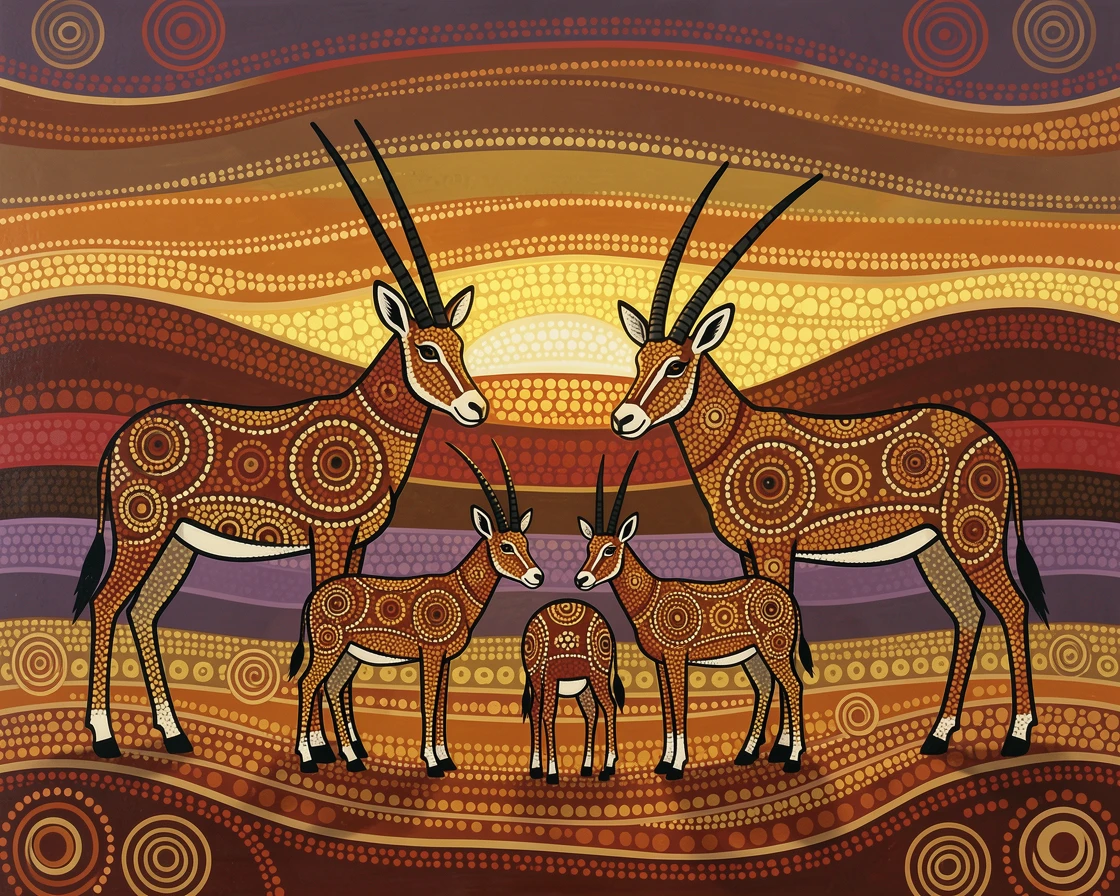 A oryx family gathered at sunset