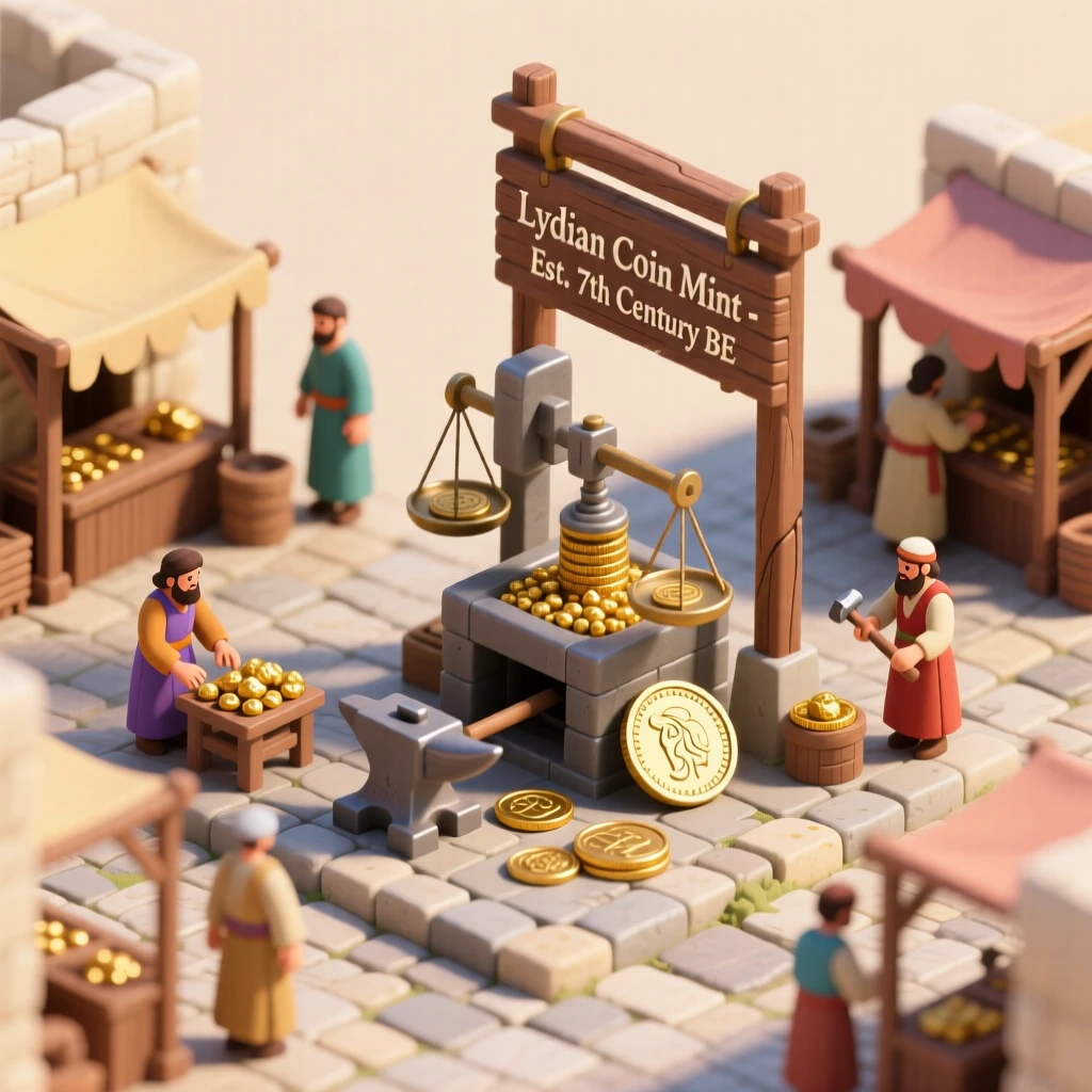 An ancient Lydian marketplace where the first coins are being minted, merchants weighing gold beside a bustling stone plaza.