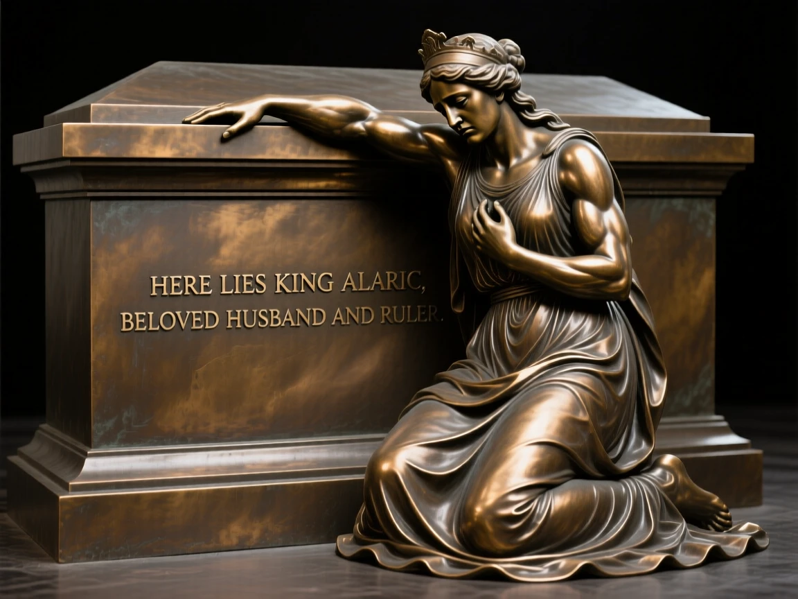 A queen mourning at her husband's tomb, with muscles tensed in graceful strength, forming a strong central focal point