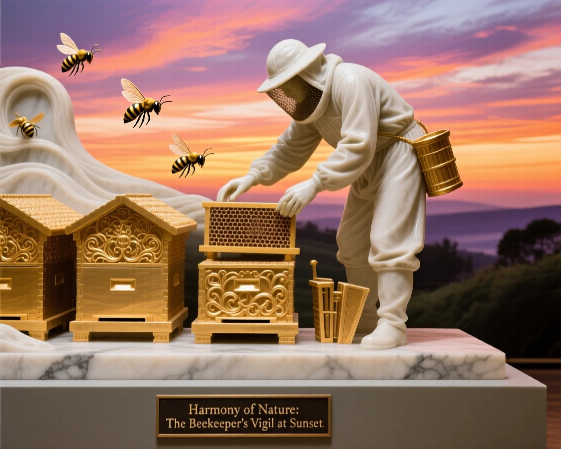 A beautifully composed image of a beekeeper tending golden hives at sunset, under a brilliant, colorful sky, full of atmosphere and visual storytelling