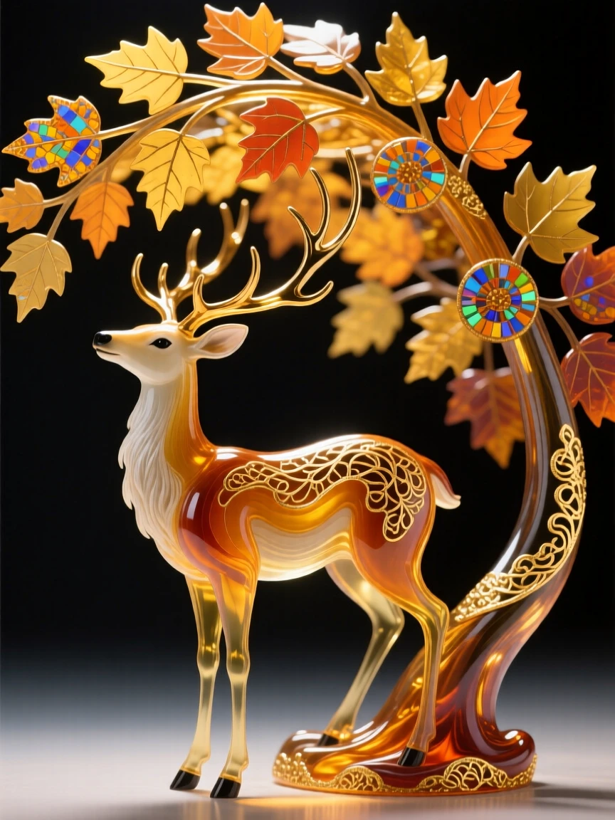 A lone deer standing beneath a canopy of the richest golden autumn leaves at the very first light, serene and majestic.