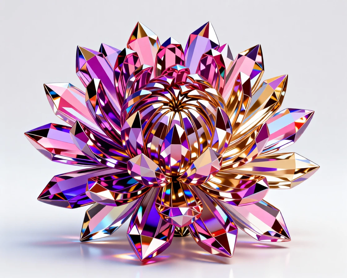 An abstract composition of geometric shards forming a blooming chrysanthemum.