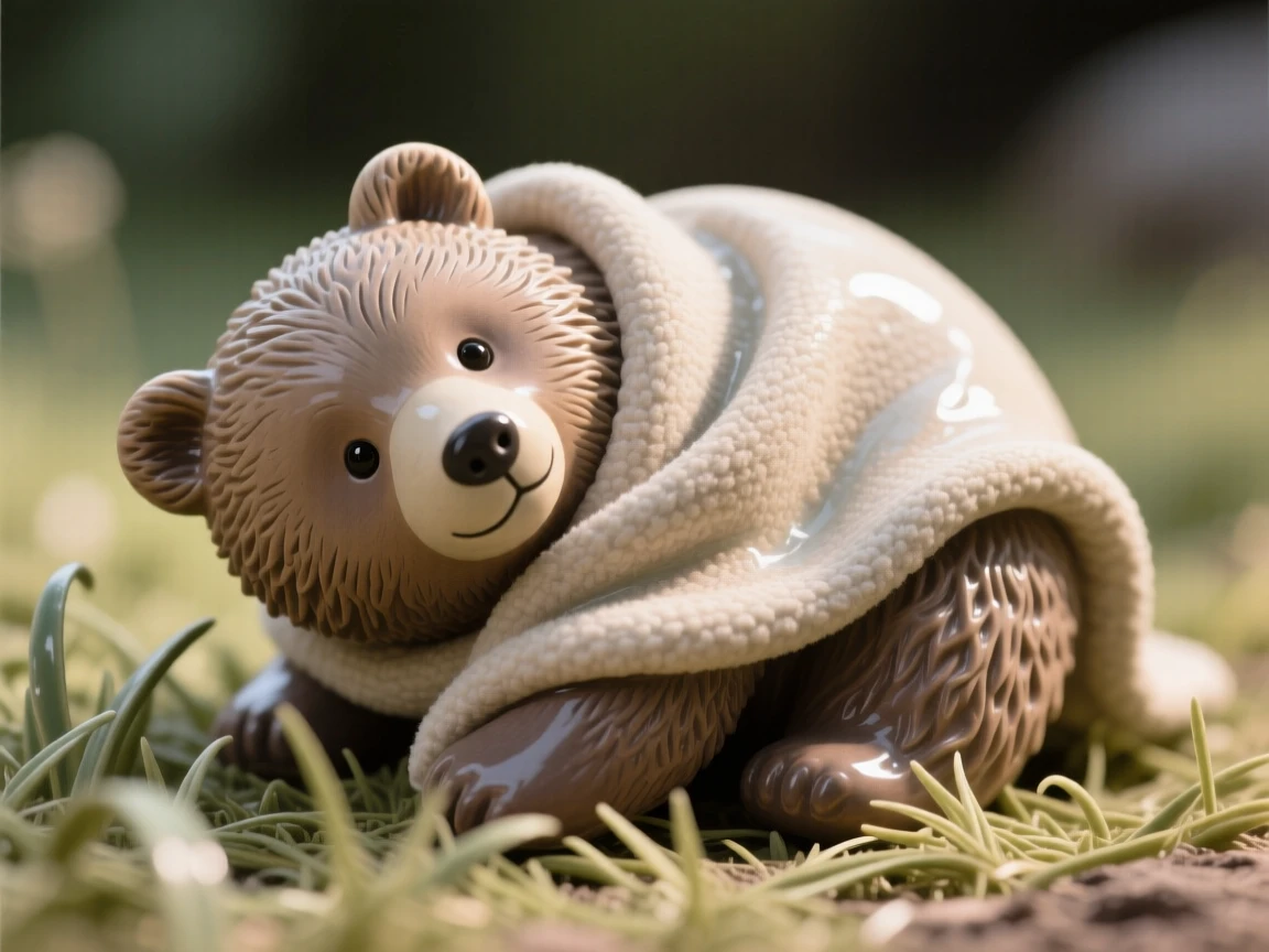 A round baby bear cub tumbling in the grass posed with an adorably curious tilt of the head, wrapped snugly in a soft cozy blanket, conveying gentle warmth perfect for any family space.