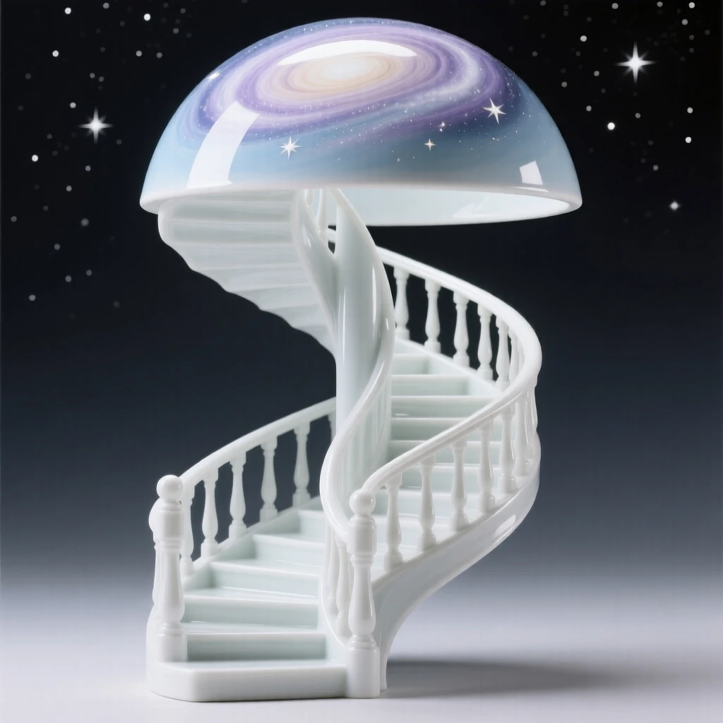 A dreamlike scene of a staircase spiraling up into a galaxy, blending quiet realism with pure wonder.