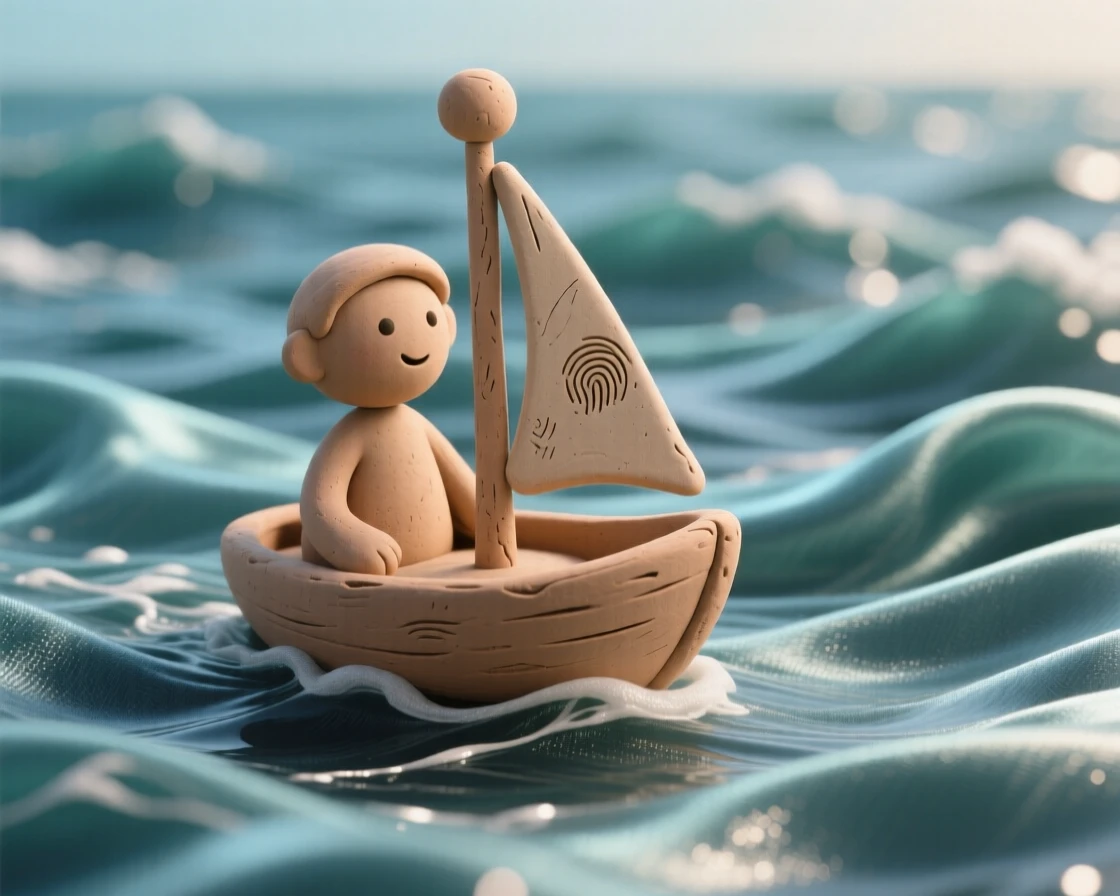 A tiny sailboat navigating a sea of rippling silk fabric