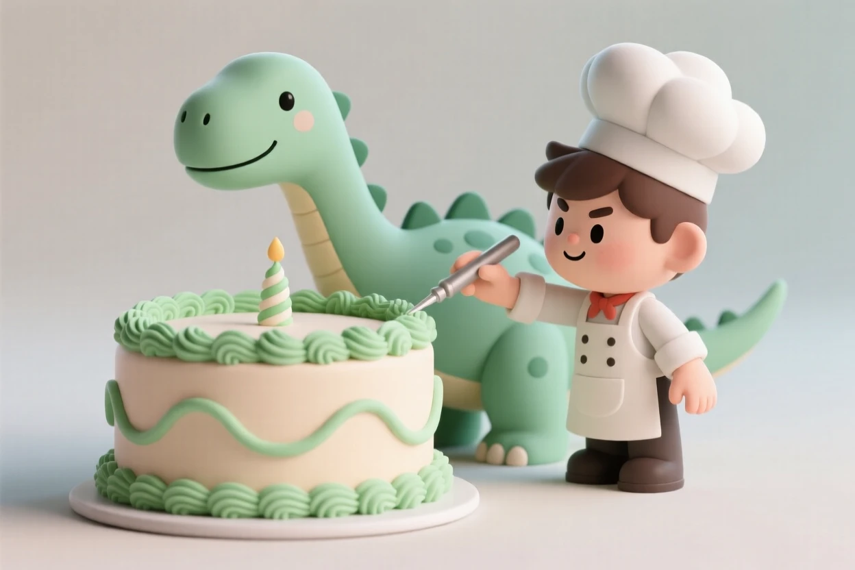 A determined young chef decorates a dinosaur-shaped birthday cake with careful swirls of green frosting.