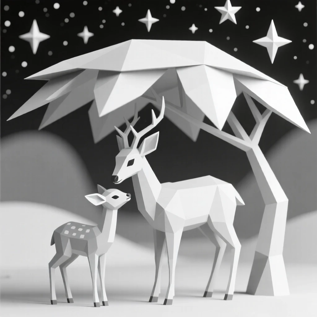 A fawn nuzzling close to its mother, beneath a canopy of stars. the background gently blurs to keep focus on the subject. The scene feels calm and majestic.