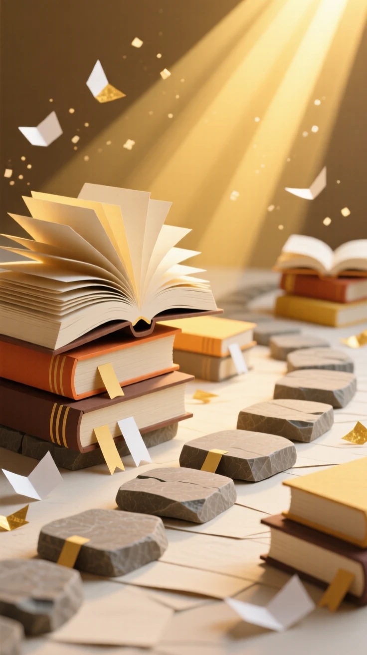 A path of giant stepping-stone books illuminated by warm golden light, with soft golden light spilling outward, capturing whimsical, surreal beauty.