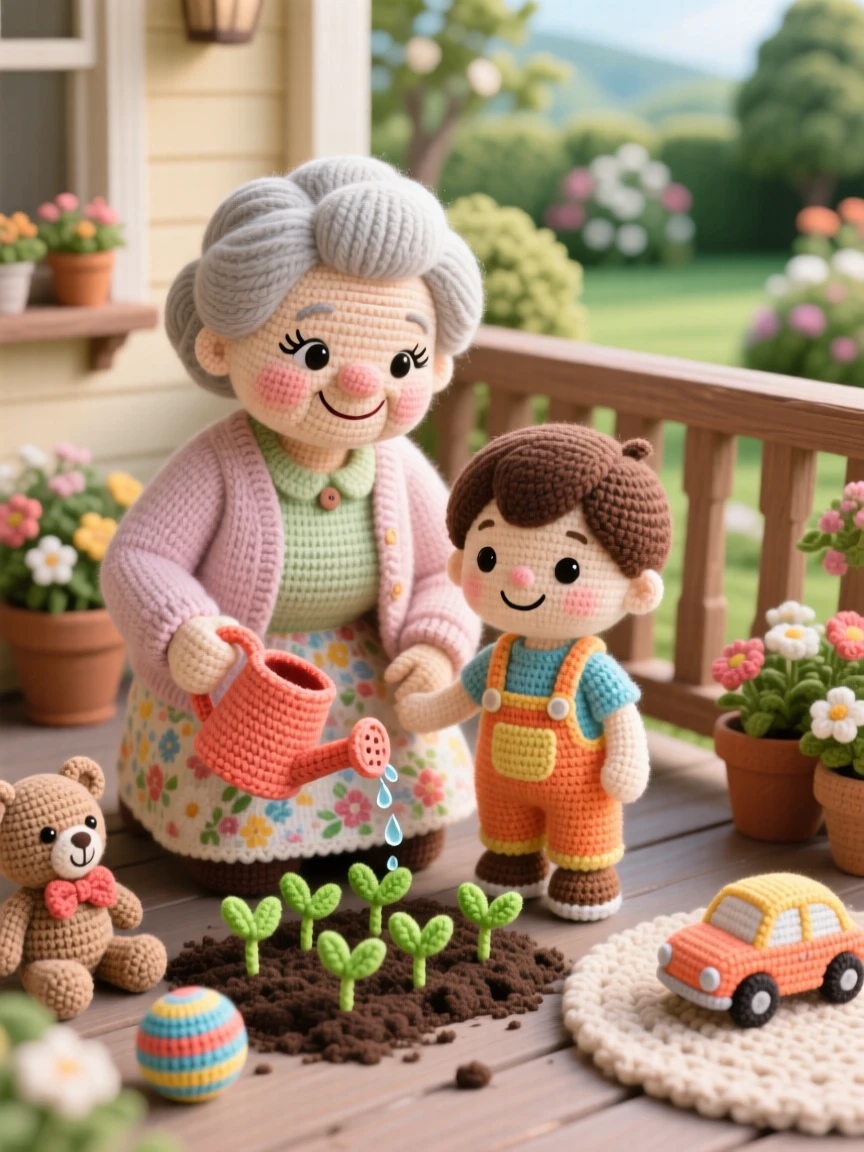A heartwarming family moment: a grandmother teaching her grandchild to garden both kneeling in the soil together, watering a row of new seedlings within a quiet porch overlooking a peaceful garden; a scattering of toys tidied nearby nearby, full of the simple joy of everyday family life.