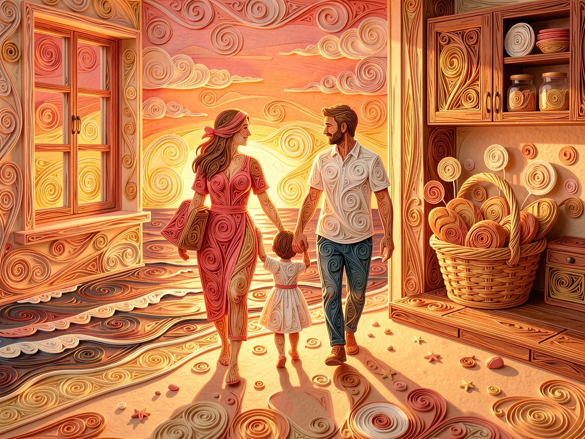 A heartwarming moment of a family walking hand in hand along a beach at sunset in a cozy kitchen filled with the smell of fresh bread, in warm sunset hues of coral and gold, composed with generous warmth and closeness between subjects.