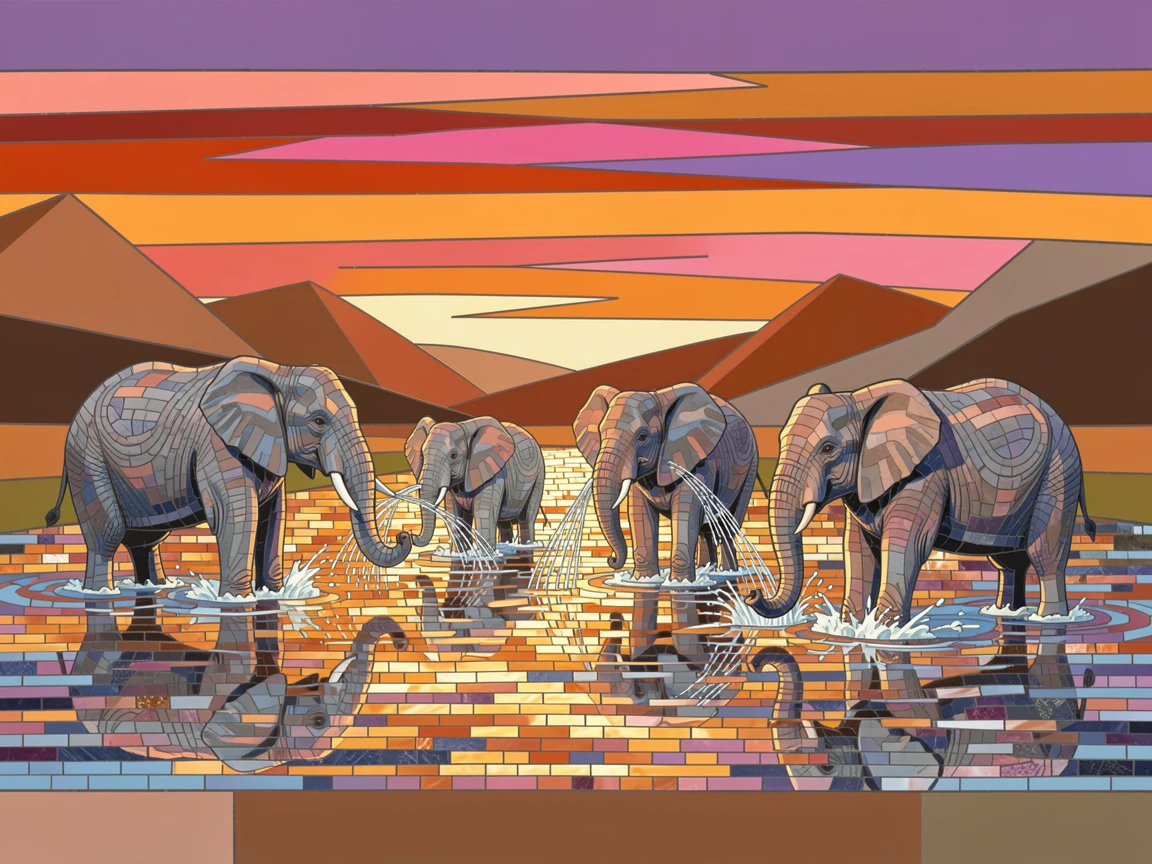A peaceful herd of wild elephants bathing in a river at sunset.
