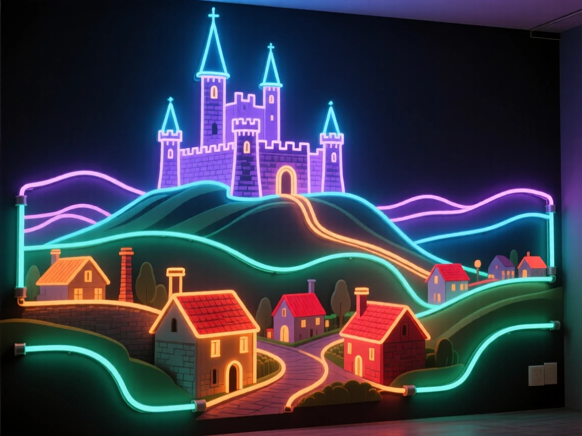 A hilltop castle with tall spires overlooking a medieval village.