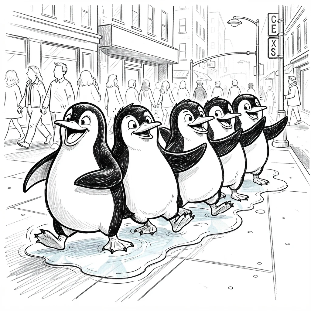 A group of penguins forming a conga line on ice on a busy city sidewalk.