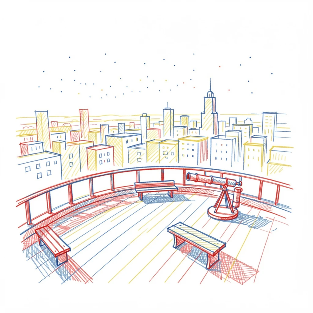 A rooftop observatory deck offering a sweeping view of city lights