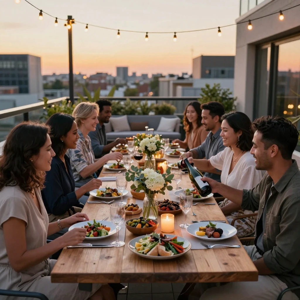 A rooftop dinner party lit by hanging string lights