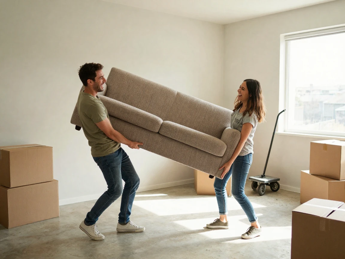 A young couple moves boxes into their first apartment together, both laughing at how heavy the couch is.