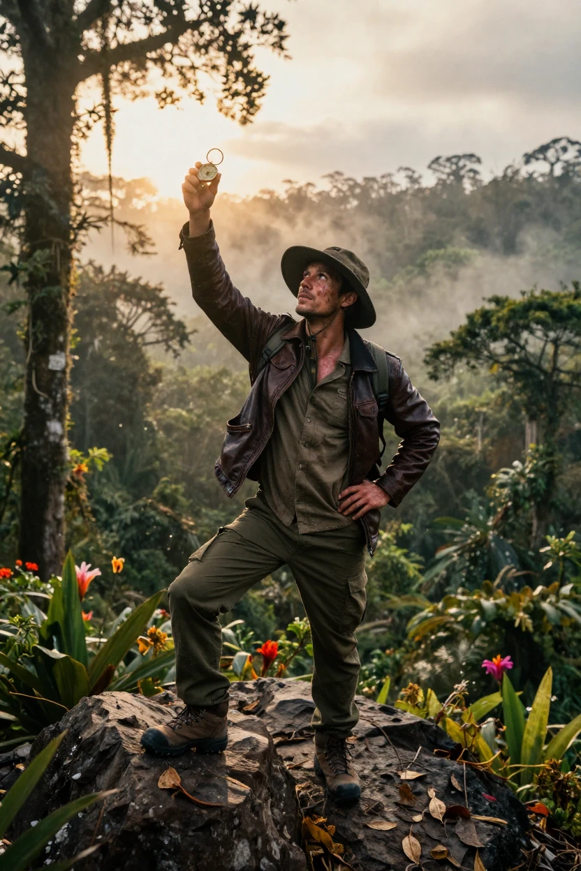 An explorer standing triumphant at a hard-won summit in the heart of a remote rainforest