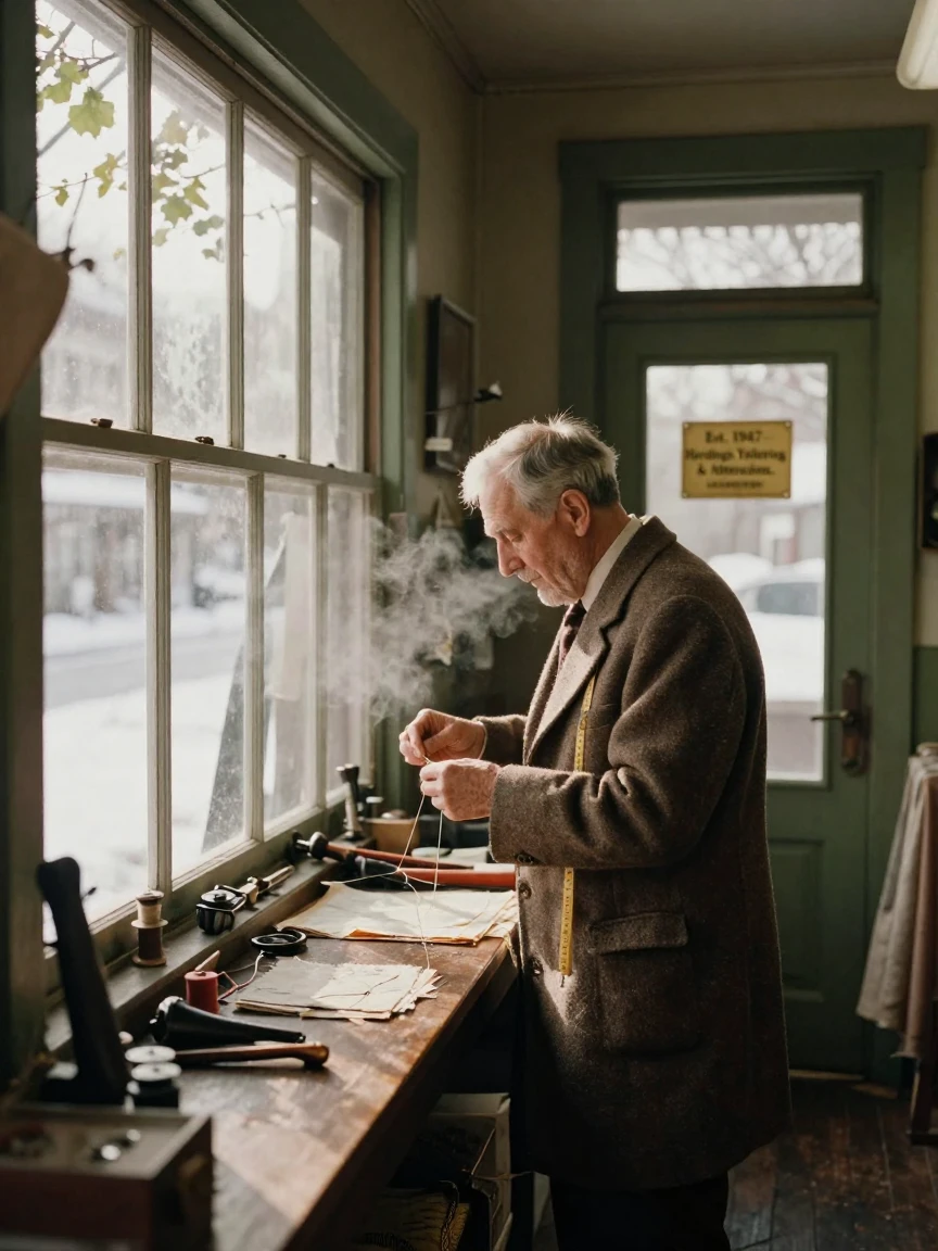 An elderly tailor threading a needle by a shop window, in dappled light filtering through leaves, with a soft breeze stirring the air, in the depths of winter, with muted olive and rust colors, framed symmetrically down a long corridor.