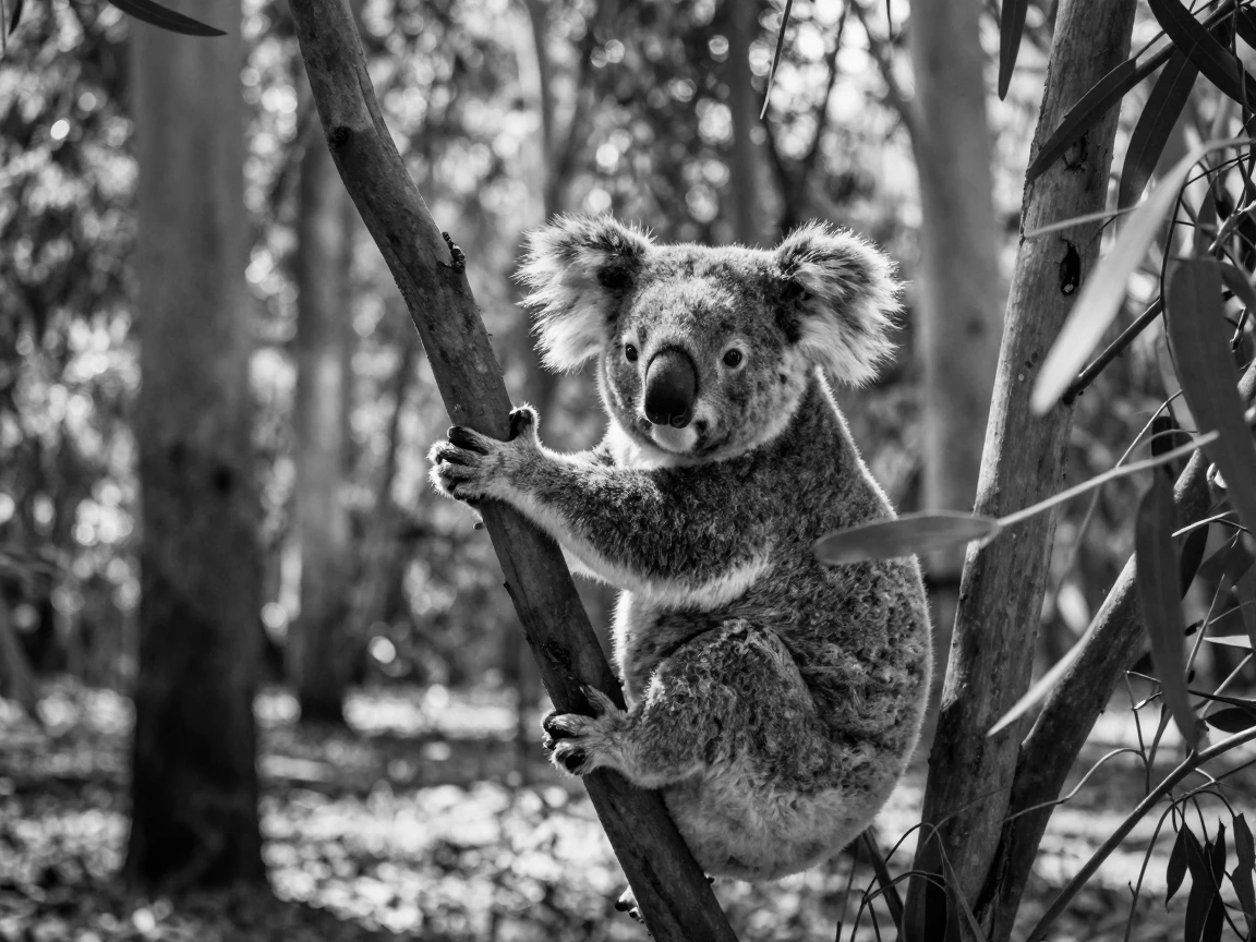 A koala clings to a swaying eucalyptus branch in a sunlit eucalyptus grove.