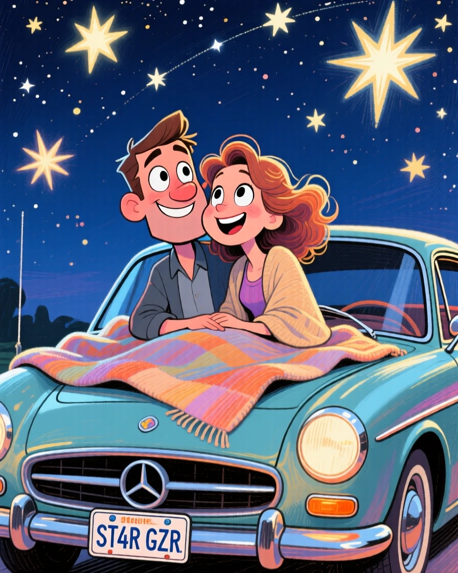 A couple stargazing on the hood of their car, blanket spread beneath a clear night sky.