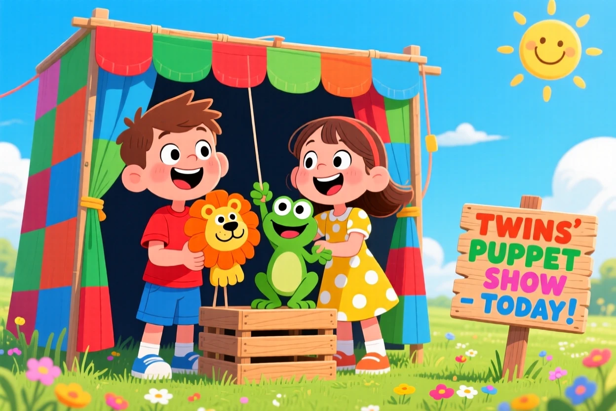 A playful childhood moment of twin siblings putting on a homemade puppet show, under a bright and cloudless summer sky.