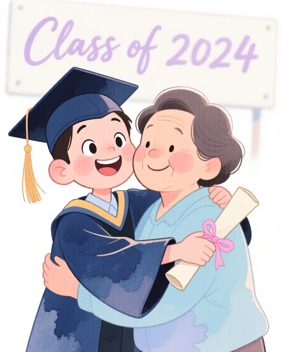 An uplifting, heartwarming moment of a graduate hugging a proud parent at commencement