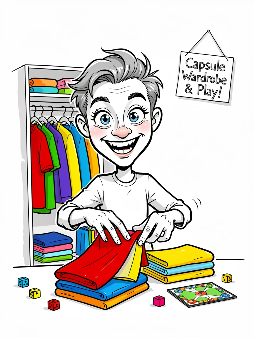 [Trending & Universal Topics] Modern lifestyle scene of a creative board game host organizing a colorful capsule wardrobe, capturing everyday joy