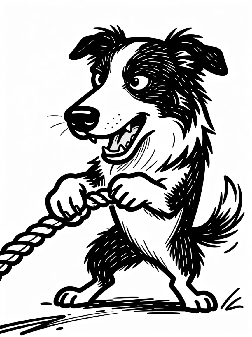 A border collie playing tug of war with a rope toy, back paws braced and determined.