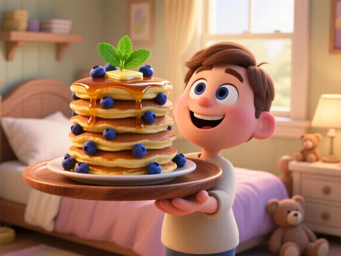 A towering stack of blueberry pancakes sits on a tray carried to a cozy bedroom, garnished with a sprig of fresh mint. A cheerful, mouthwatering warmth surrounds the dish.