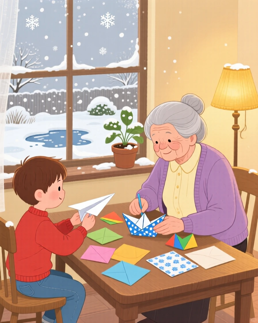 A boy with a paper airplane and her grandmother are making paper boats to float in a puddle, while soft snow falls outside.