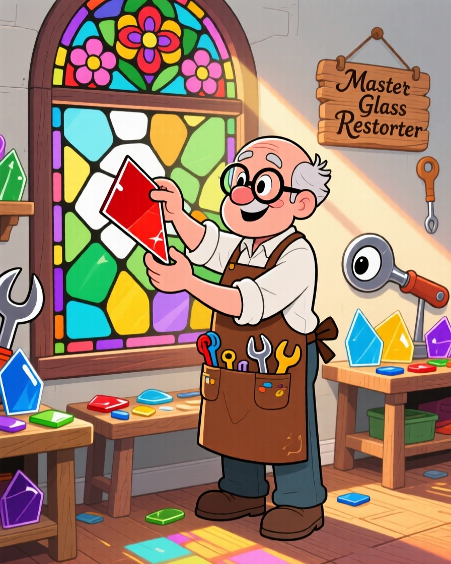 A craftsman restoring a stained-glass window piece by piece.
