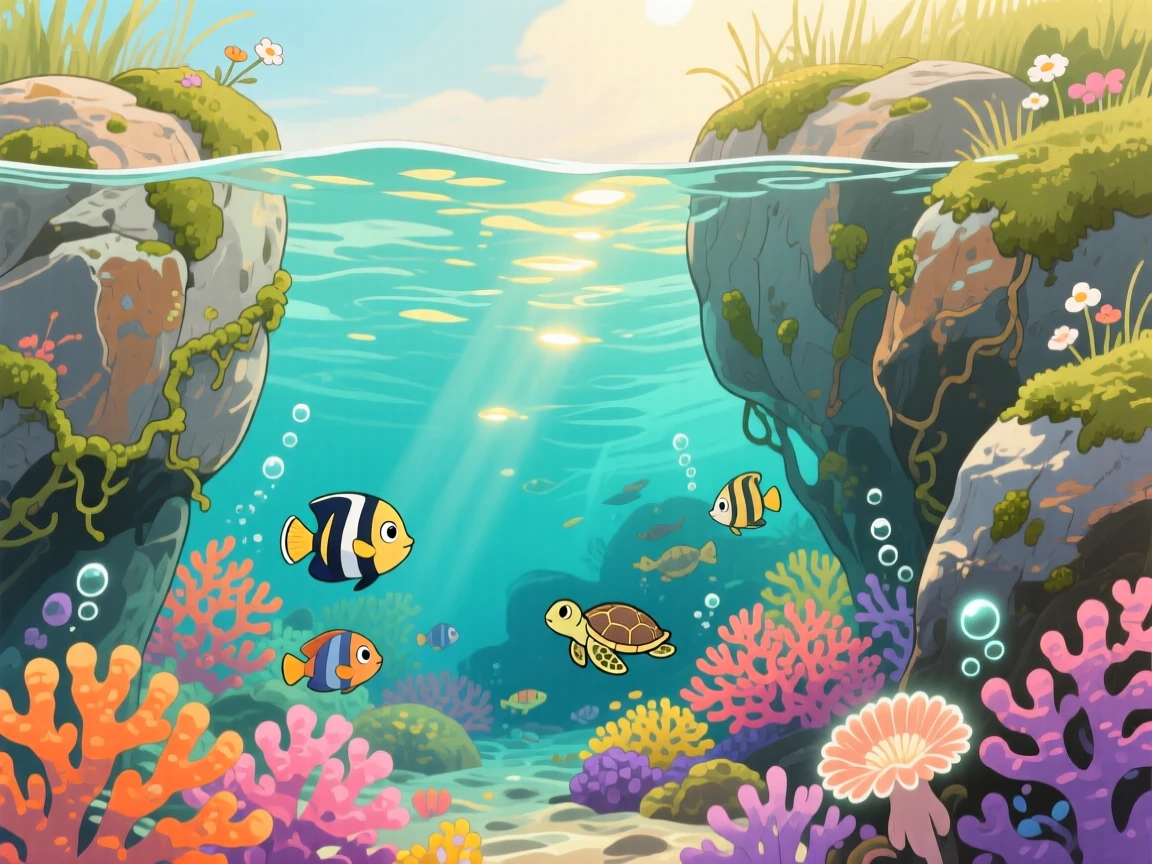 A stunning view of a coral reef glimpsed beneath crystal-clear water, framed between two rocky outcrops.