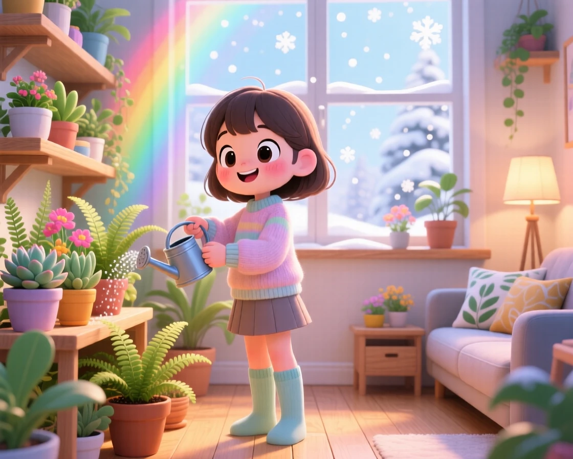 A young girl watering houseplants on a Sunday morning in a bright plant-filled apartment amid softly falling snow; bright rainbow-tinted light washes over the scene as triumphant pride fills the moment. Full-body shot.
