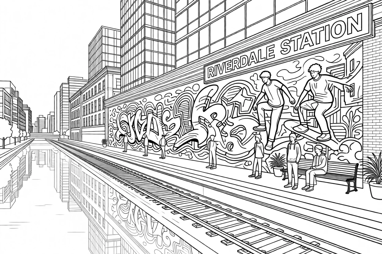 A subway station mural covered in vibrant street art, with a river reflecting the surrounding architecture.