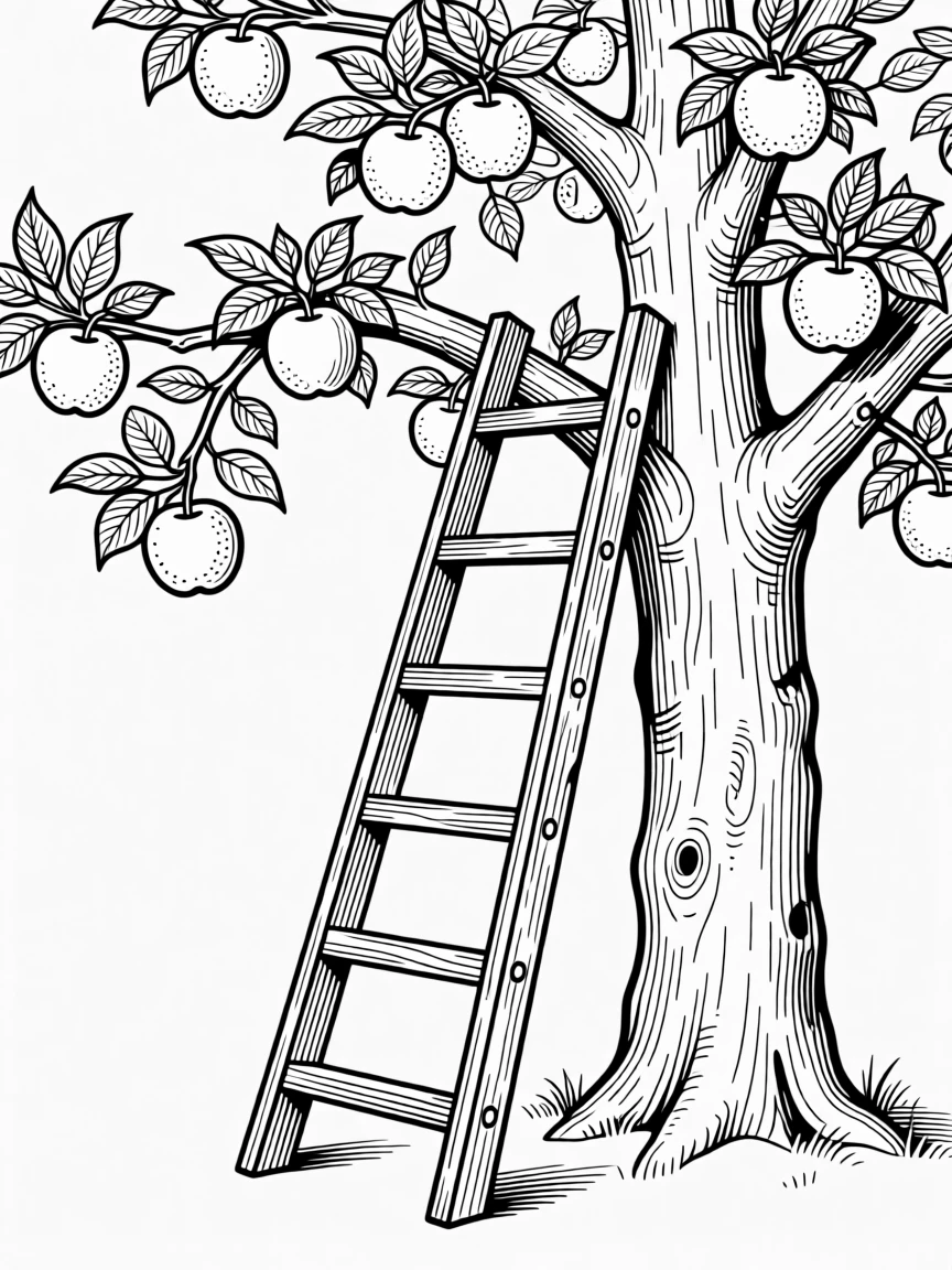 A rustic ladder leaning against an apple tree full of fruit