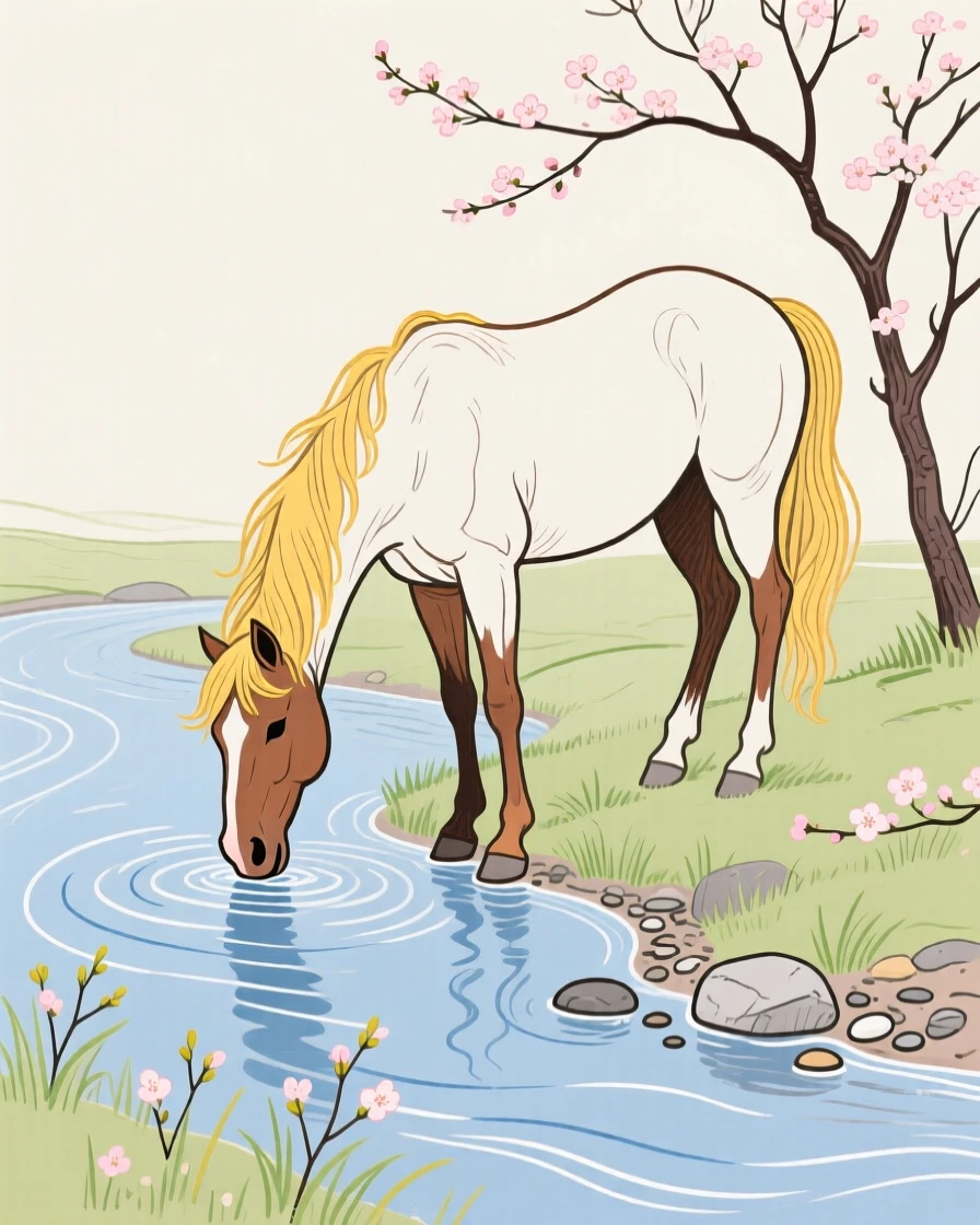 A wild mustang drinking from a stream along a quiet riverbank in early spring.