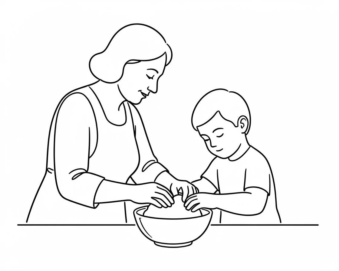 A grandmother teaching her grandchild how to bake bread in the kitchen