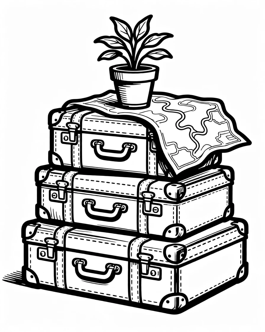 A stack of vintage suitcases topped with a small potted plant and an old map.
